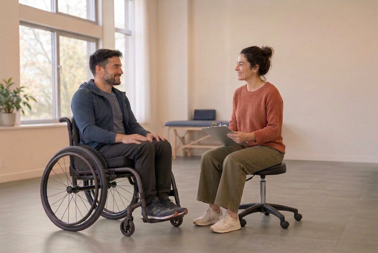 A clinician seated beside an active manual wheelchair user during a seating and mobility evaluation